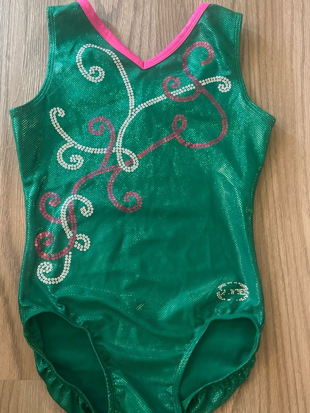 AXS Ozone Girls Green Sequin gymnastics Leotard with Pink Trim